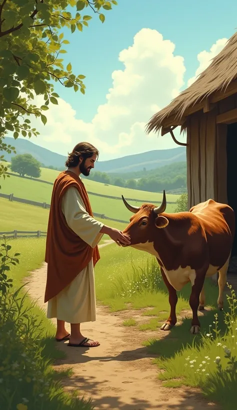 
Prompt:  Imagine a scene on a simple farm ,  surrounded by green fields and fruit trees .  The sky is clear and the sun shines softly . jesus, in humble robes ,  walks calmly among the animals .  He approaches a cow that was ruminating quietly near the ba...