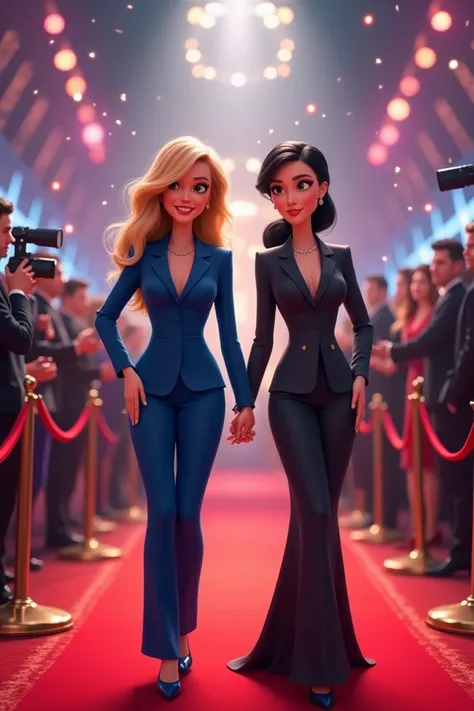 Two animated-style women in elegant business wear , standing on red carpet for an award show , surrounded by camera lights and shimmering lights. One wears a  blue trendy business meeting suit with wavy blonde hair, smiling warmly,  The other has sleek bla...