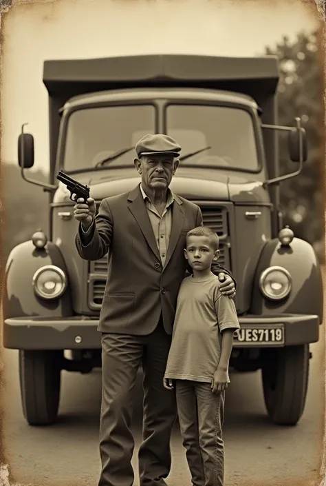  revolver An old photo of father and son posing in front of a Mercedes 1113 truck, The side truck ,  the father showing off a 36 ,  like the older ones has old photos of this style , In the footsteps of the 90s in Brazil.