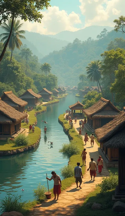 “A peaceful village scene in 15th-century Jipang (Bojonegoro, Blora, Tuban), with villagers working along the river, farming, and trading, while traditional wooden houses line the riverbanks.”