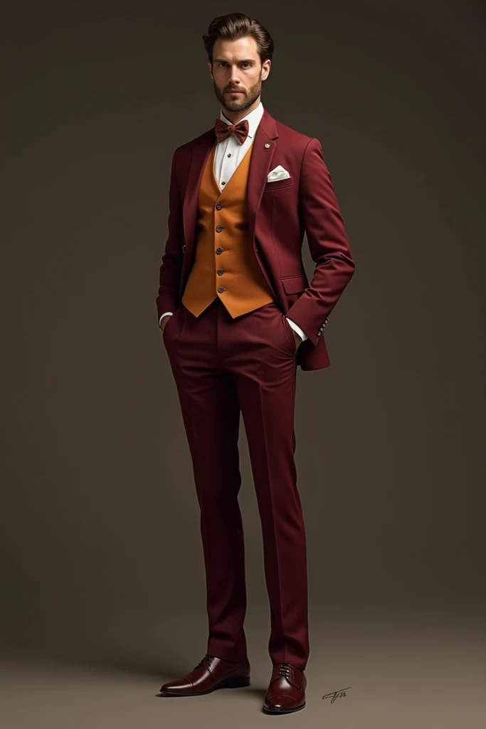 Wine suit with ocher vest