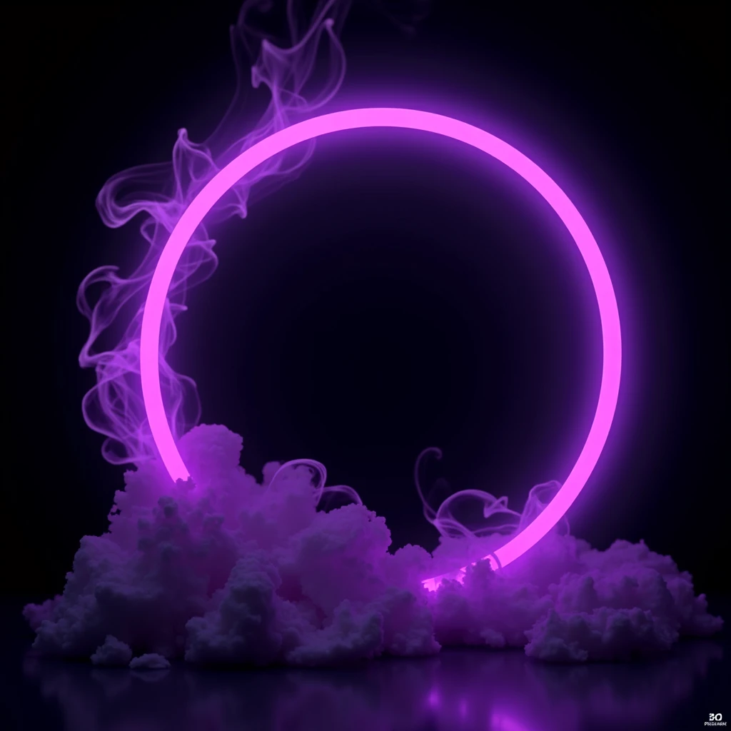 A neon circle alone on a black background the circle is purple neon it is centered and close to the background it has many different textures and black smoke the circle takes up almost the entire screen