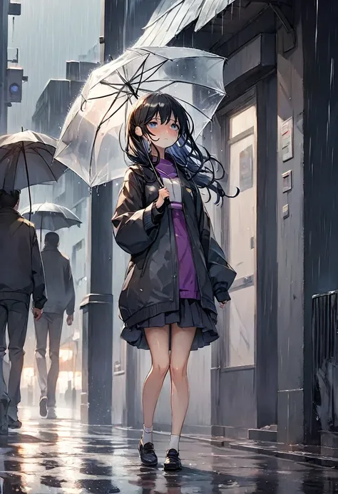 A girl standing in the rain looking at the sky with tears and drops on her face, she has an umbrella but it is thrown on the floor, she is alone in the dark street 