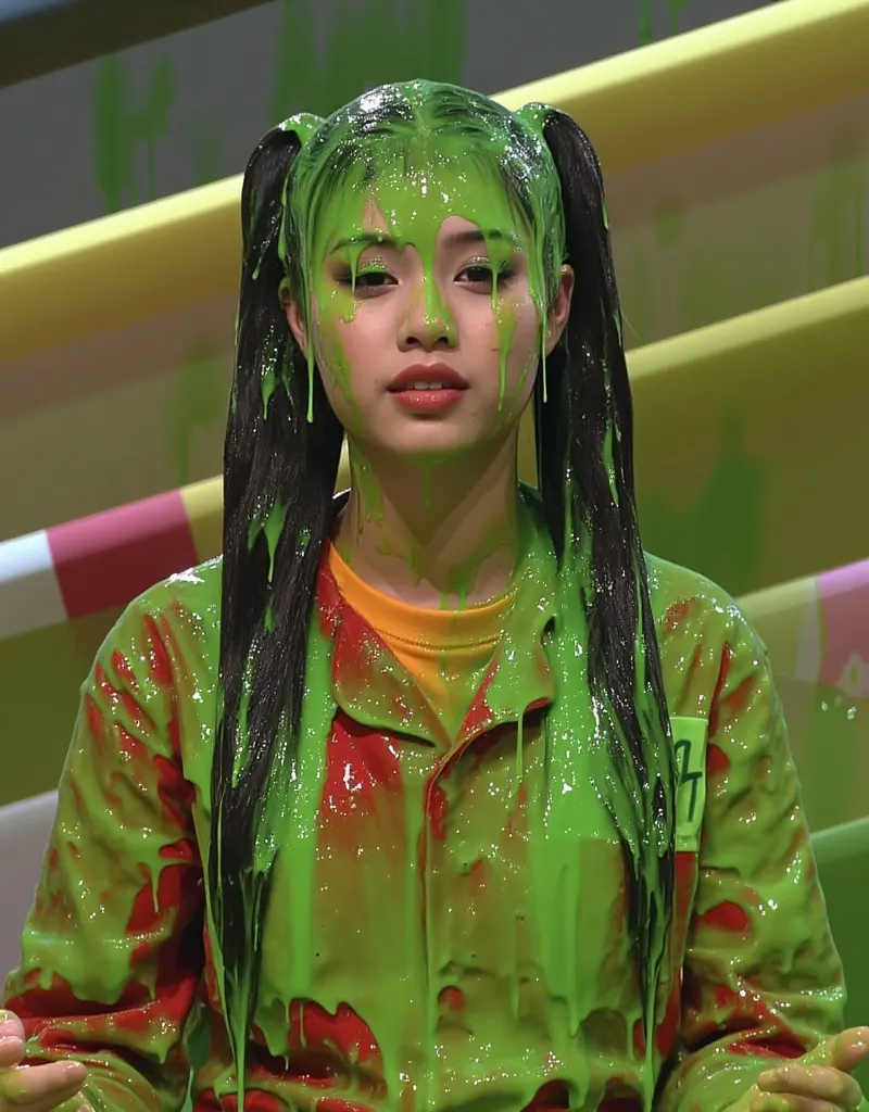 photograph of korean girl covered in green slime. hyper-realistic style. long fake eyelashes. dripping green goo. 8k. photoreali...