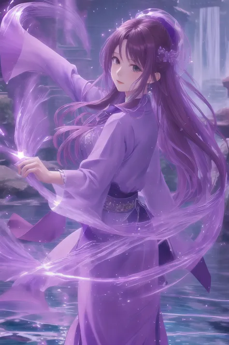 purple-water-aura,using purple-water-magic,purple-water-magic,ancient-costume,dancing,fighting stance,1girl,solo,long hair,brown...