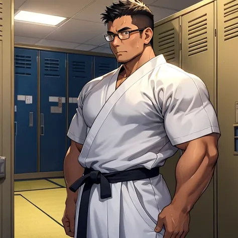  thick outline、human、male、Age 35、Muscular、恐そうなmale、crew cut、 tanned skin、Japanese style、karate、Uniform、Glasses、dojo、 dressing room、 locker room、night、 with a serious expression、sweat、 steam 、Heat