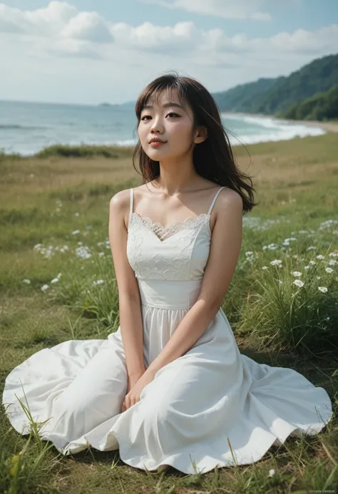 Asian girl is sitting on a grass ground, look at the sky, chilling vibe, wave brown hair, wearing white basic dress