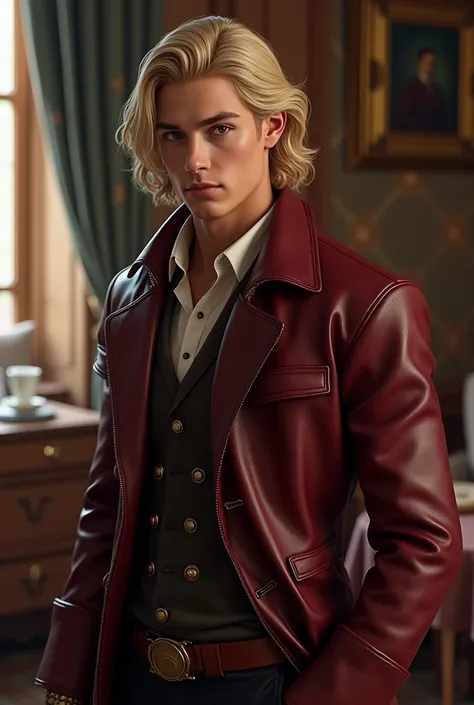 Create an image of what John Ironwood would look like: he has fair skin, blond hair and dark brown eyes, hes very handsome and hes not even Joffrey Baratheon from Game of Thrones, hes wearing burgundy leather clothes, he has to look like hes . 