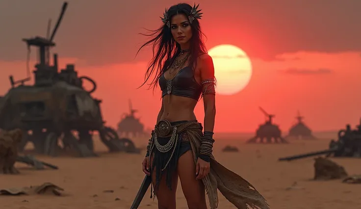 " A nomadic woman standing in the middle of a desert elliptical under a reddish sky and dark clouds.  Her tight black leather top highlights her figure ,  decorated with silver chains and tribal embroidery .  She wears a short asymmetric skirt made of worn...