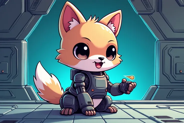  Create a chibi-style illustration / Cartoon of a cyborg puppy , fofo. He is seated on his hind legs ,   a dynamic and imposing pose The setting is a spacial futuristic station.  Use lines of motion and lighting to show the action of the scene.  masterpiec...