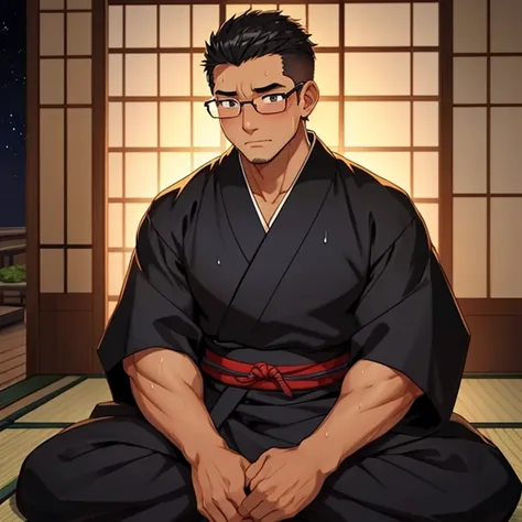  thick outline、human、male、Age 35、Muscular、恐そうなmale、crew cut、 tanned skin、Japanese style、Plain black kimono、Glasses、Japanese-style room、 sitting 、night、 with a serious expression、sweat、blush