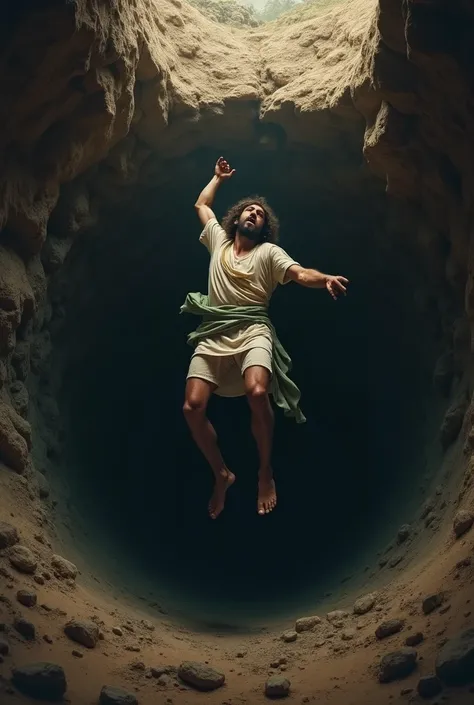  An image of a male person from biblical times falling into a pit ,  the pit is dark and you cant tell the persons face but you can see how they are falling. the image is artistic and dramatic .  is falling the perspective of the view is from below the wel...