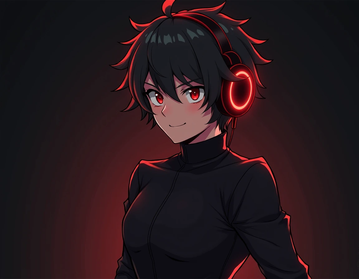 Generate an image of an anime gamer boy with the accent color red with a black blouse and headset gamer confident posture without focusing too much on the face dark background