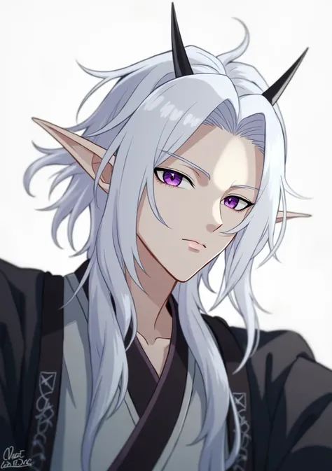 A handsome elf ,  with black hair and fair skin ,  his eyes are sharp like those of a feline and are purple in color,  He has a serious expression ,  his robes are Japanese . 