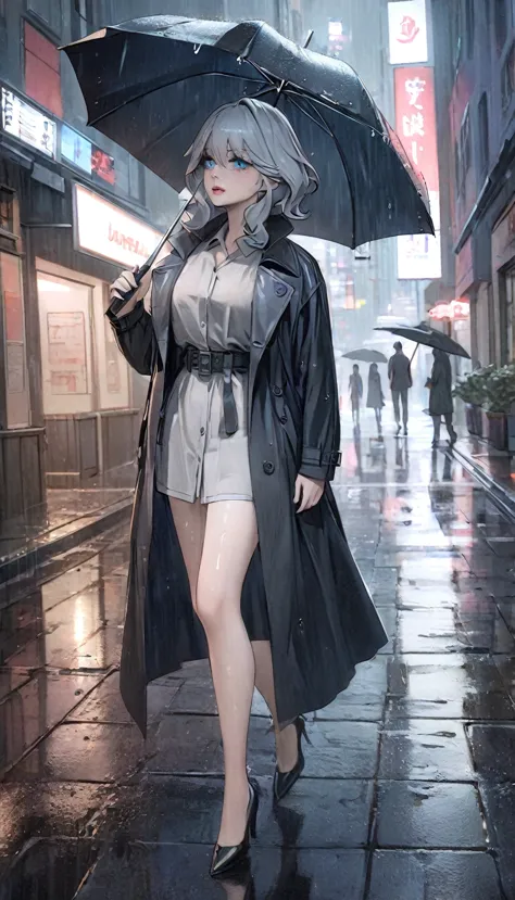 a rainy day, girl wearing a trench coat, pantihose, front view ,wet cloths ,walking in the rain, reflections on wet pavement, city buildings in the background, overcast sky, dramatic lighting, muted color palette, detailed texture on the coat and umbrella,...