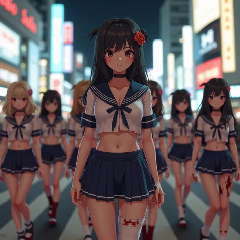 (XLabs F.1 Realism LoRA V1) Live-Action, Real, (((12 Tiny Oppai-Loli in rows, Shibuya Hachiko-mae on Halloween))), ((masterpiece TopQuality, photorealistic)), { (Standing Full Body)|(from below) }, { bandaged full body | Cut-off Sailor Uniform with Underbo...