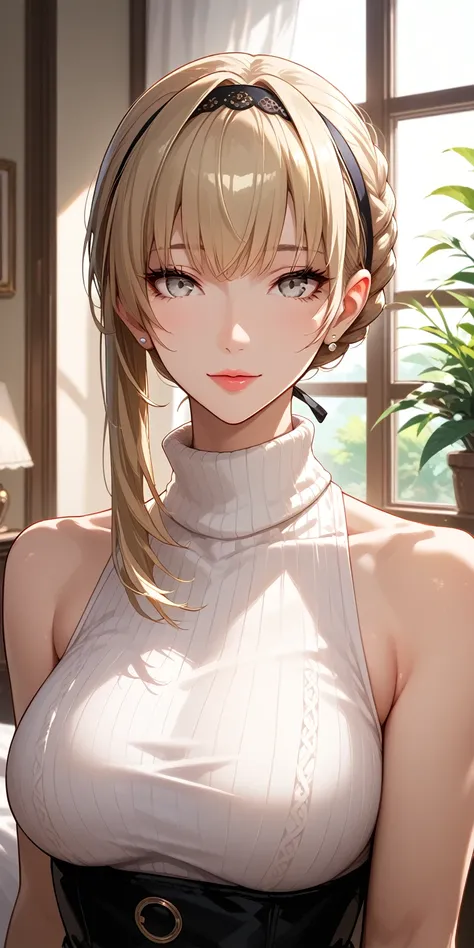 Score_9, Score_8_up, Score_7_up, Source_anime, anime art, anime style, masterpiece, best quality, very aesthetic, 1girl, mature woman, milf, sleeveless turtleneck, seductive face, standing beside window, meropep5x, blonde hair, hairband, braid, bangs, grey...