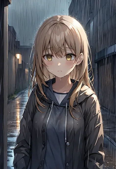 A girl stands in the rain {{Looking at the sky crying}} and drops of rain on her face, rain, she has light brown hair down to her chest, hazel eyes, she is alone on the dark street, just one quick light