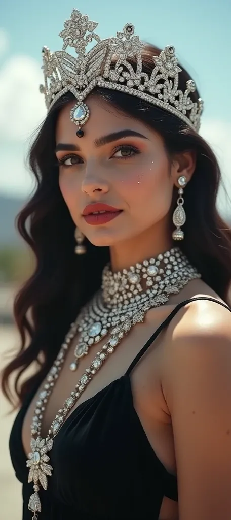  8k Hot and beautiful girl with wisten and heavy jewellery with  diamond crown full body jewellery face 2 white g with black dress light red lipstick with black bindi heldi face and flying on sky with wings 