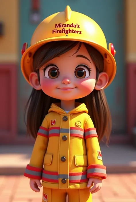  Create a friendly and fun 4k Disney Pixar Style image of a  girl with white , Brown eyes, long straight hair with a dark brown tail on the side ,  dressed as a firefighter in a yellow suit with horizontal reflective stripes in red ,  white and red skin in...