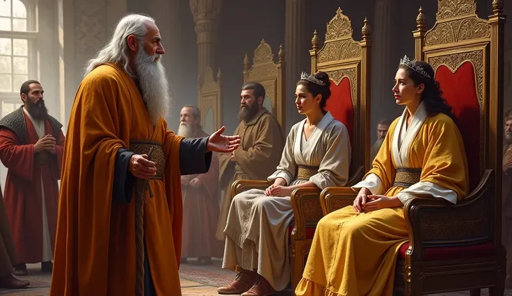 "A royal court scene with a wise, aged sage wearing saffron robes and holding a staff. He stands before a king and queen seated on their thrones. The sage speaks with concern, his face showing wisdom and urgency, while the king and queen listen intently. C...