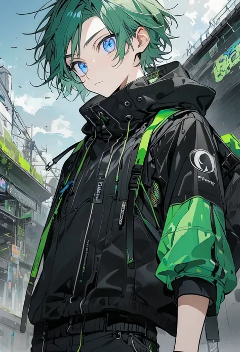 Male, green hair, teenager, wearing modern clothes, black pants, black jacket, blue eyes