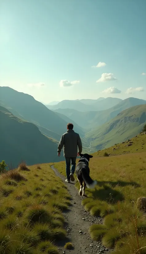 .create a scene of a person moving into the scenic Yorkshire Dales with a rescue dog named Splash, surrounded by lush green hills and valleys under a clear blue sky, aspect ratio 9:16 cinematic suspense
