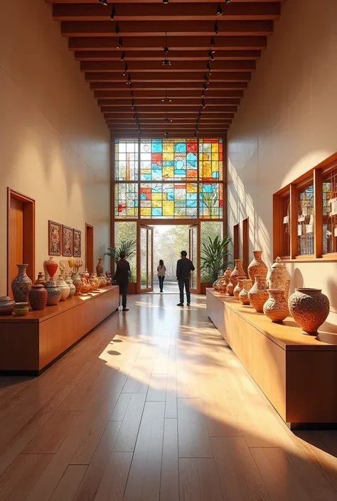 A two-point perspective at an inclined angle of a reception in a cultural center for ceramic crafts and colored stained glass 
3D max 
interior design 