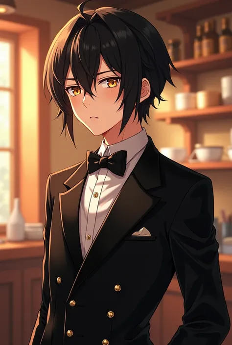 A 10 feet Tall short black Haired Anime Boy with Golden eyes tuxedo outfit, barista, Anime hero fighter boy 