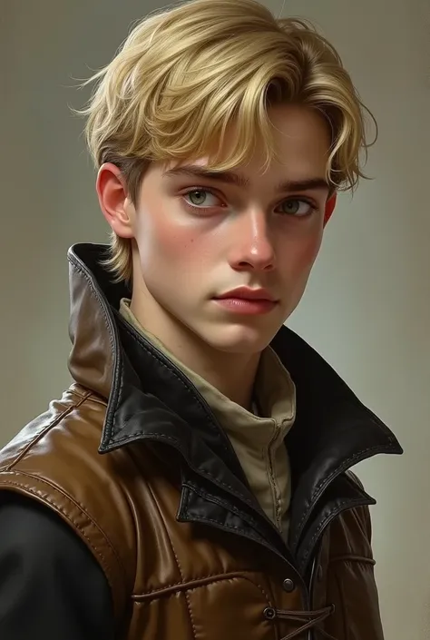 Create an image of what Tommen Ironwood would look like: he has fair skin, dark blond hair, he has dark green eyes and he is like Tommem Baratheon from Game of Thrones, and he wears dark golden leather clothes, he has to look like a  boy.