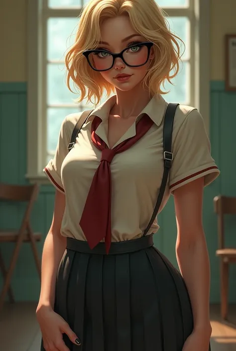 (Sexy busty schoolgirl), blonde, (((oversized cat-eye glasses)))