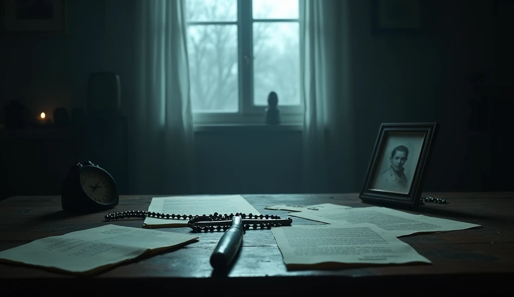 A dark room with a half-open window letting in a silvery moonlight. On a central table are scattered papers, a straight razor, a rosary and an old, blurred photo. The feeling is of investigation and unresolved curiosity.