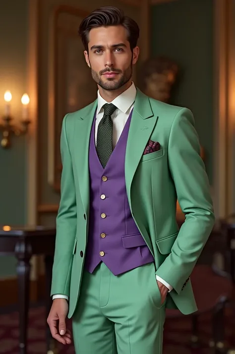 Light green suit and purple vest