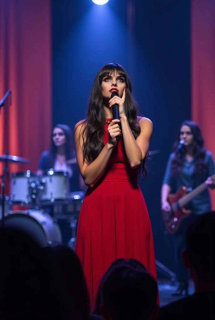 beautiful woman singing Infront of a Christian audience for a Christian rock concert. Long dark hair, long bangs, blue eyes, red dress, on stage with band of on dark haired female playing piano, one dark haired female playing guitar and one male playing dr...