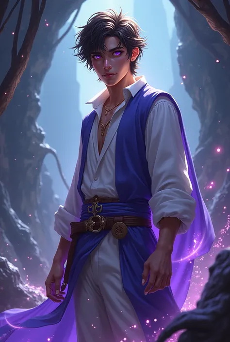 young man,  bright purple eyes ,  brown skin, messy brown hair, Full body sorcerer,very light clothing 