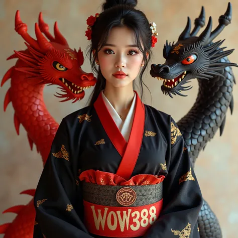 The beautiful female model wears a black and red kimono with the words WOW388 on the waist. Accompanied by two red dragon and black dragons slot