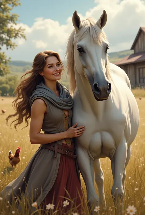  Make the image of a more distant couple in the image hugging each other ,  close to a beautiful white horse .
 The woman has beautiful light brown hair and wears a beautiful gray scarf .
 The couple is wearing farm clothes , estilo country, a dress dresse...