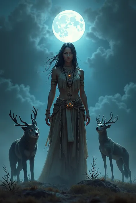 game caracter. Its a native amerikan woman. wolf,owl,deer ghost around.Night