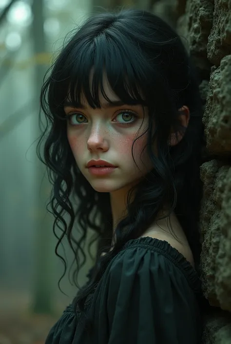  A teenage girl with dark and wavy hair with bangs, green eyes/gray/therefore, realistic MajicMix medieval dark style  