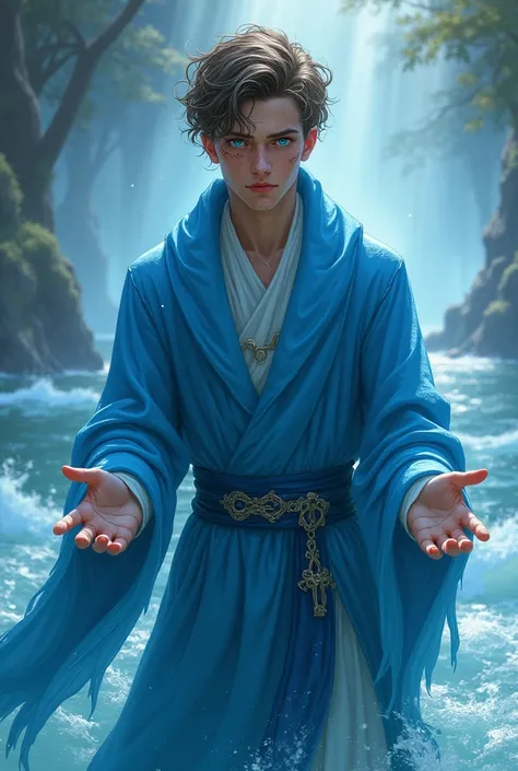  A young male water magician with light blue eyes and an azure robe. Scarring on the face .
