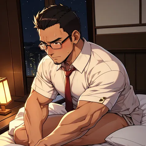  thick outline、human、male、Age 35、Muscular、恐そうなmale、crew cut、 tanned skin、Japanese style、naked、 shirt 、Loose tie、Glasses、Japanese-style room、futon、night、 with a serious expression、sweat、blush