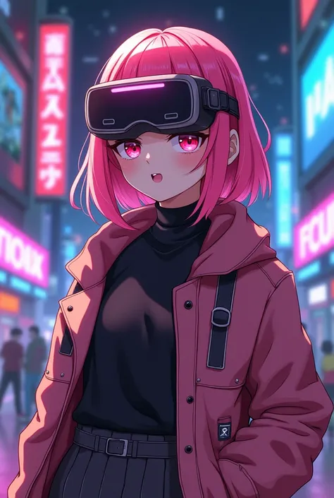 Create a young character , gamer,white pele ,cherry pink hair ,  red eyes ,  wearing a Cyberpunk-style overcoat, wearing a VR glasses,  anime art style