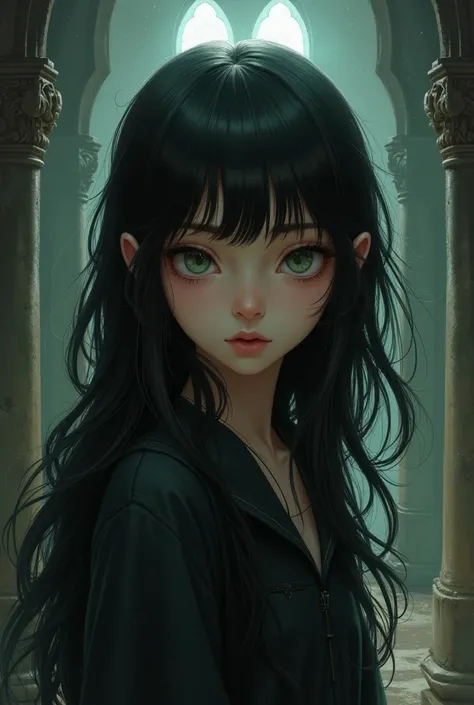  A teenage girl with dark and wavy hair with bangs, green eyes/gray/therefore, realistic MajicMix medieval dark style , Introvert,  Expression would be 