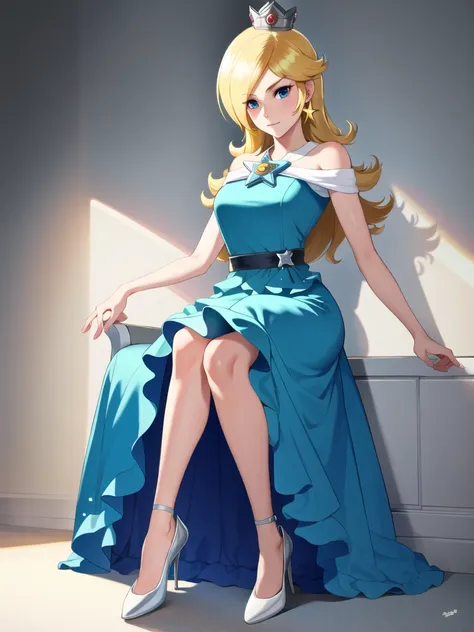 (masterpiece, top quality, best quality, official art, beautiful and aesthetic:1.2), blonde hair, rosalina, 1girl, solo, dress, crown, blue eyes, star earrings, looking at viewer, sitting, silver high heels, style parody, pink toenails 