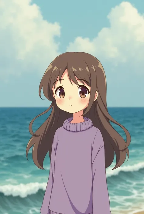 Studio ghibli style art cute young woman with round face with white skin and long light brown hair wearing lilac sweater by the ocean