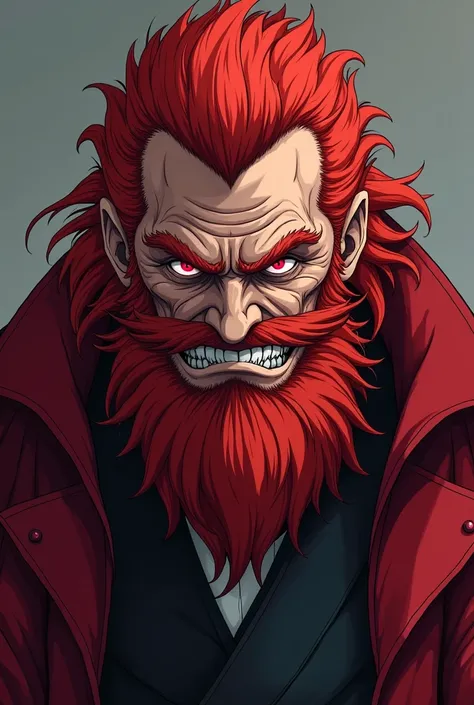 A 70 year old red haired man, with medium length hair and a full beard, eyes glowing red and a serious face with an evil smile on the corner, looking at the camera out of the corner of his eye, wearing warrior clothes and a red coat. Make anime style