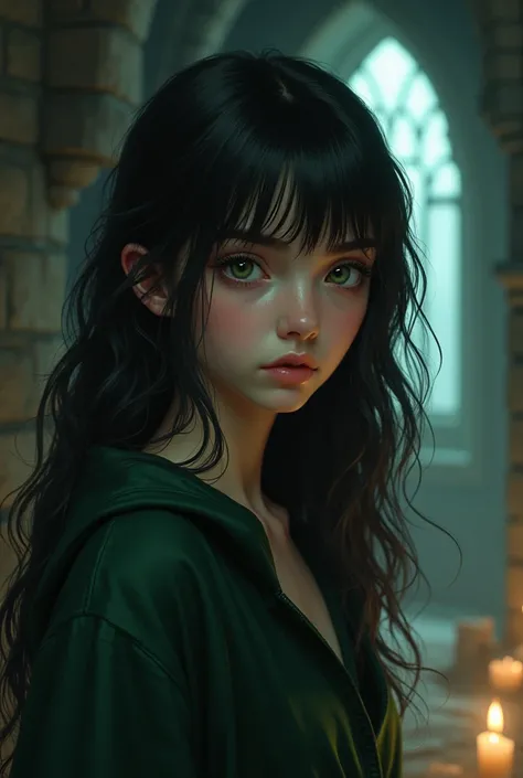  A teenage girl with dark and wavy hair with bangs, green eyes/gray/therefore, Medieval dark style , Introvert,  expression would be realistic MajicMix