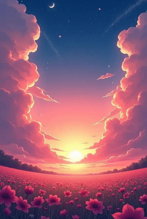  a close up of a painting of a sunset with a sky background, with a flowery field . Cosmic skies . Cosmic sky , Cosmic skies , anime sky, fire from heaven, your name, endless cosmos in the background ,  over the cosmic cloud landscape , stunning art style,...