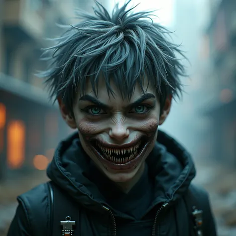 greyish skin, dark blue eyes, grey and black hair, cyberpunk, boy, 19 years old, fringe, cyberpunk, post-apocaliptic, rows of long canines eating through gums, predator eyes, evil, diffident