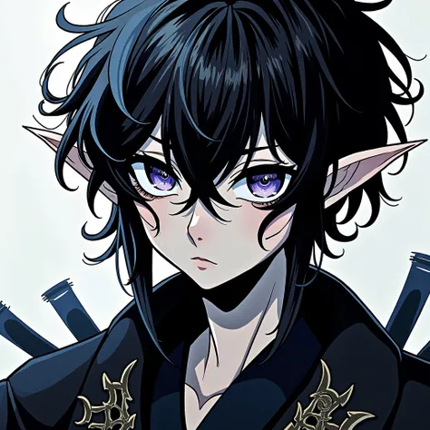  A slender elf is elegant in the dark anime art style .  he has rebellious black hair his bangs are large framing his face with threads on his cheek and eyes ,  his eyes stand out for the white cycles it is even more beautiful a sharp dark purple tone like...